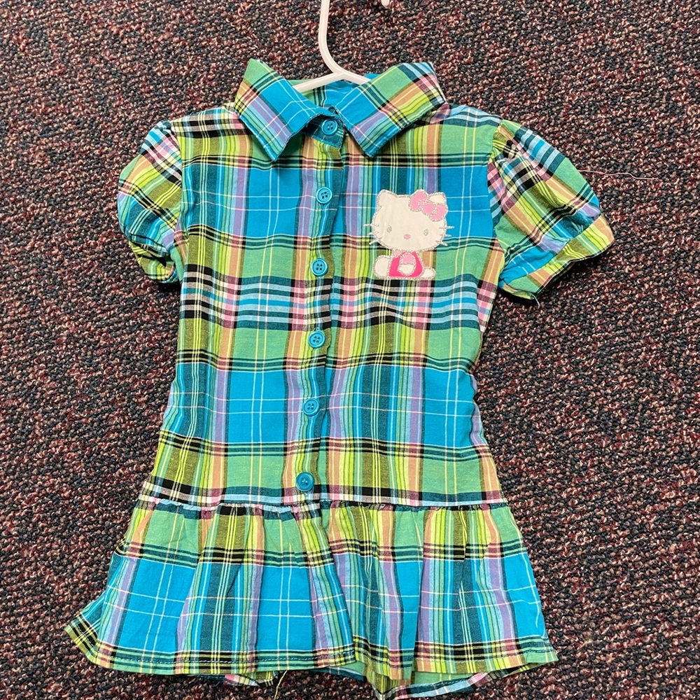 Hello Kitty Plaid Button-Front Blouse - Turquoise & Lime